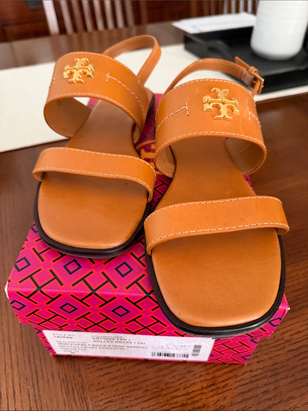 Tory Burch Kids Tan Leather Double-Strap Sandals with Gold Logo